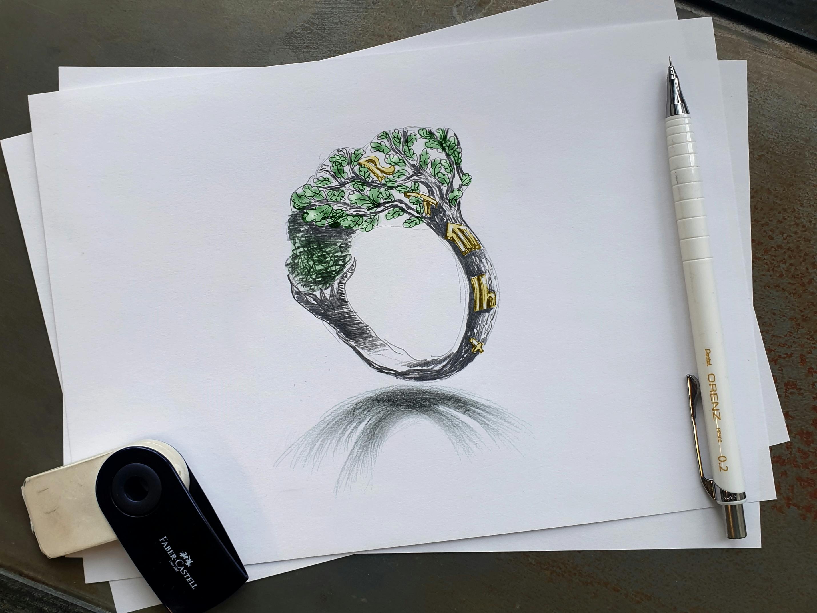 Projekt bransolety na zamówienie w kształcie drzewa opracowany w oparciu o wywiad z klientem.