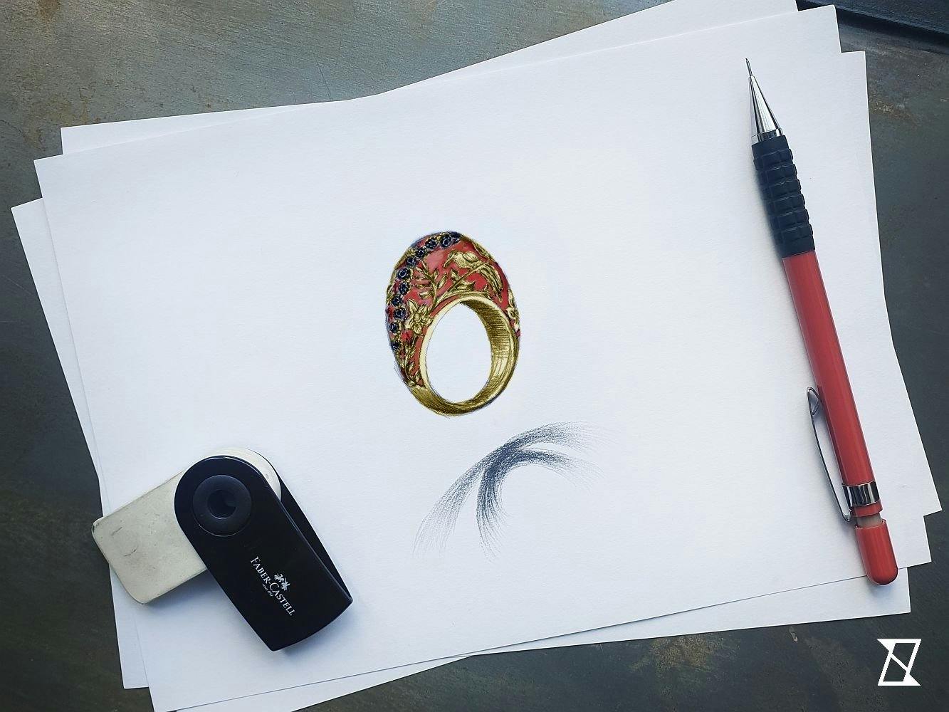 Pierścionek zaręczynowy z emalią w stylu chinoiserie
