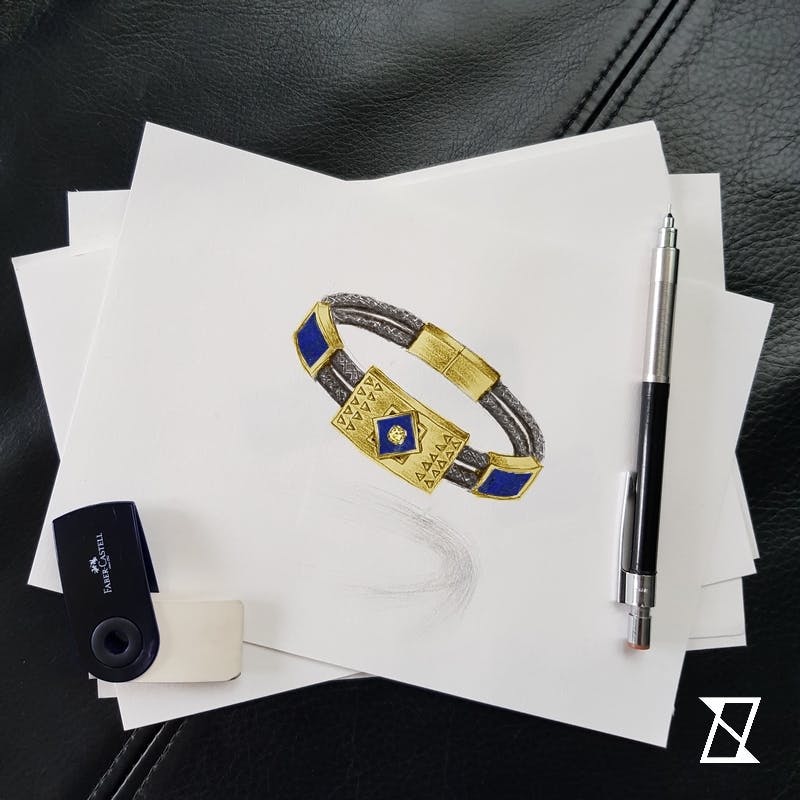 Bespoke design of an ancient bracelet with lapis and yellow diamond.