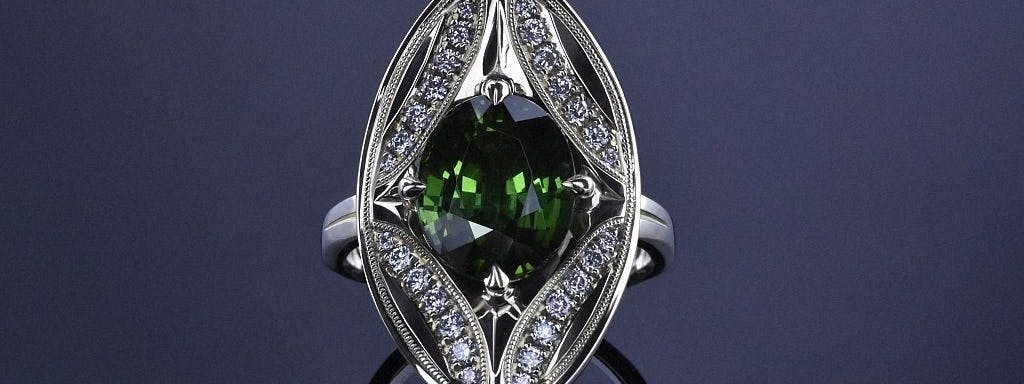 Retro ring with tourmaline and diamonds in green gold .
