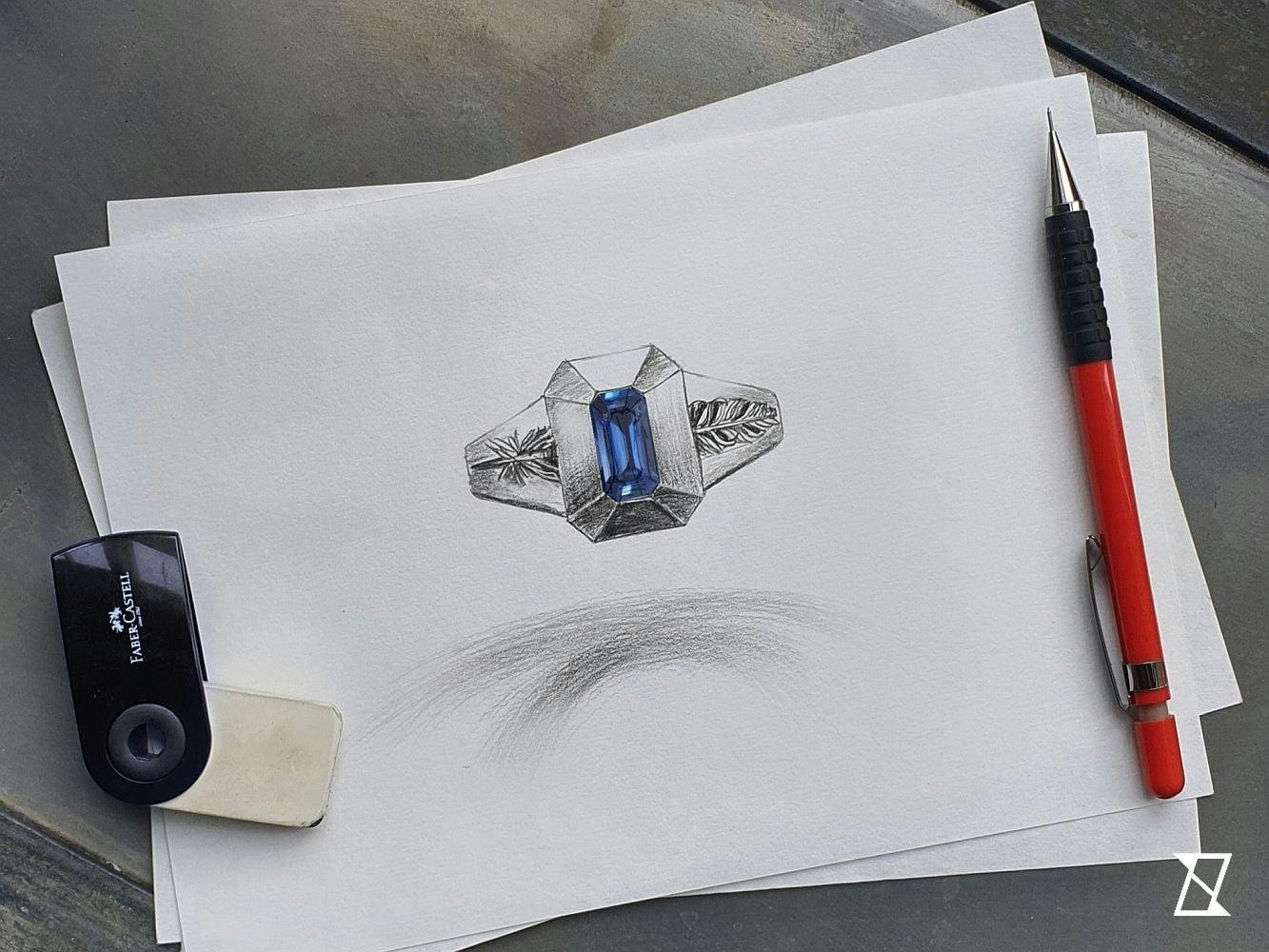 Second concept sketch showing the top of the custom signet ring with emerald cut sapphire.