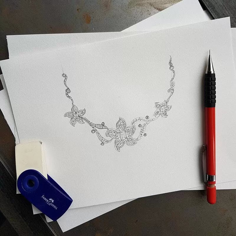 Concept sketch of plumeria flower necklace with diamonds in gold. 