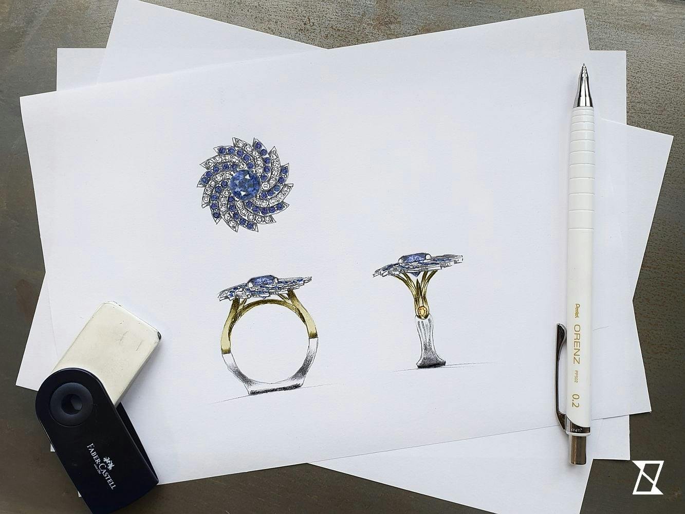 The design of a bespoke Andromeda ring.