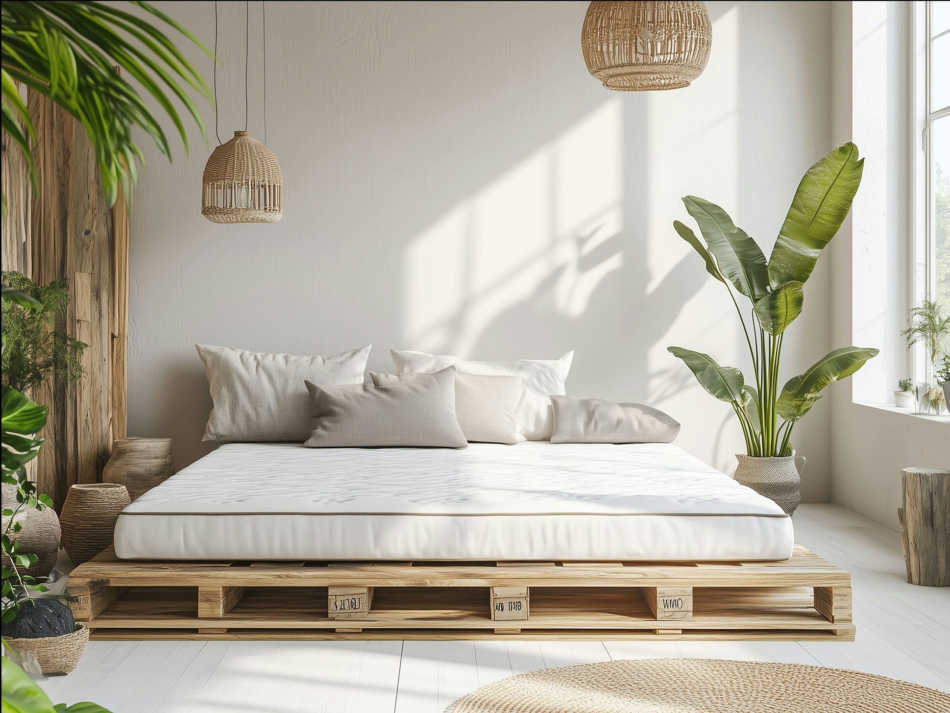 Grafik zeigt ein sauberes, begrüntes Schlafzimmer mit weißen Wänden