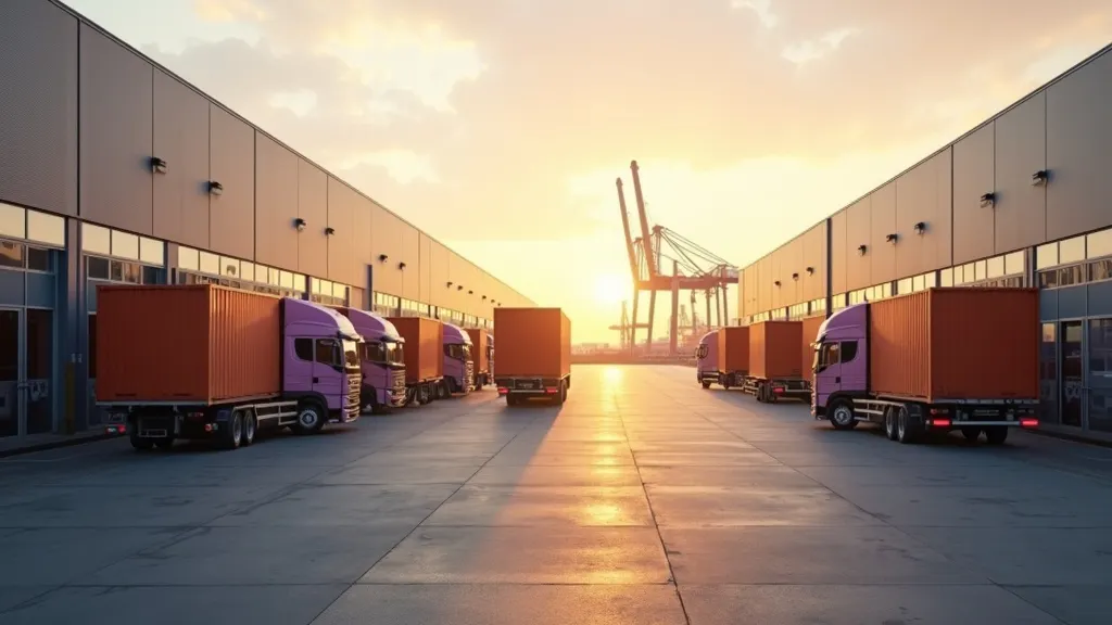 Photograph illustrating: a wide exterior view of a modern European fulfillment warehouse at golden hour beside a busy container port with cranes and cargo ships in the background, delivery trucks loading at dock doors, representing global 3PL providers expanding warehouse capacity in the Netherlands near Rotterdam, with the Zineps logo watermark in the bottom left corner