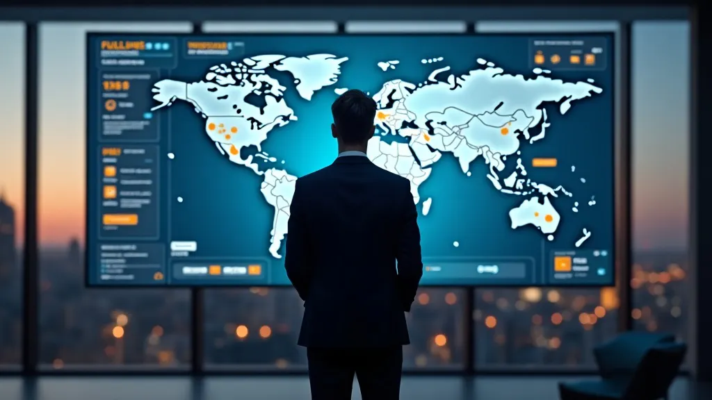 Foto ter illustratie: een logistiek technologiemanager staat voor een groot digitaal control tower dashboard in een modern kantoor bij schemering, het scherm toont meerdere fulfillmentcentrum-iconen en verschillende vervoerderslogo's die samensmelten tot één verzendroutekaart van Europa, met de Zineps logo watermerk in de linkerbenedenhoek