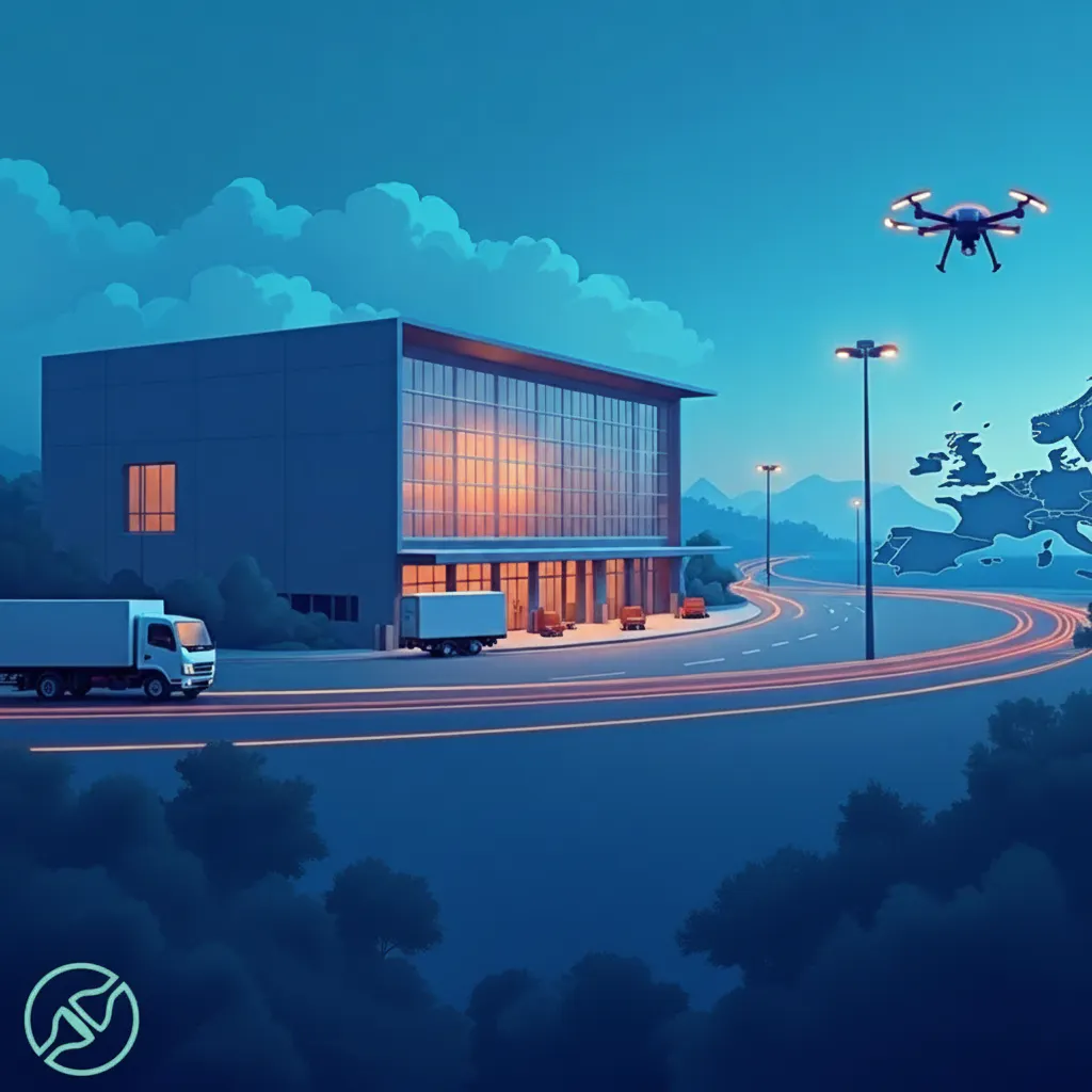 Illustratie van een Europese e-commerce logistiek hub in de schemering met een bestelbus, bezorgdrone en oplichtende bezorgroutes over een kaart van Europa, Zineps logo watermerk linksonder