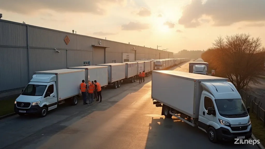 Realistische foto in de vroege ochtend bij een Nederlands pakketdistributiedepot met ongebrande bestelwagens die door koeriers worden geladen, met de Zineps logo watermerk in de linkerbenedenhoek