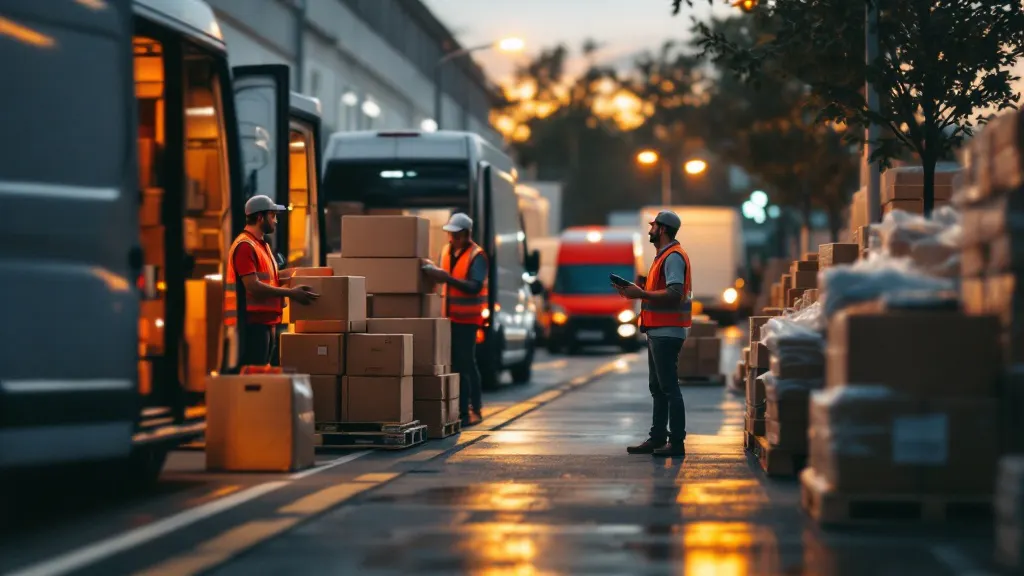 Realistische foto van een Europees pakketdistributiecentrum bij schemering met bestelwagens die worden geladen door magazijnmedewerkers in veiligheidsvesten, een medewerker scant een pakket, met het Zineps logo watermerk linksonder in beeld