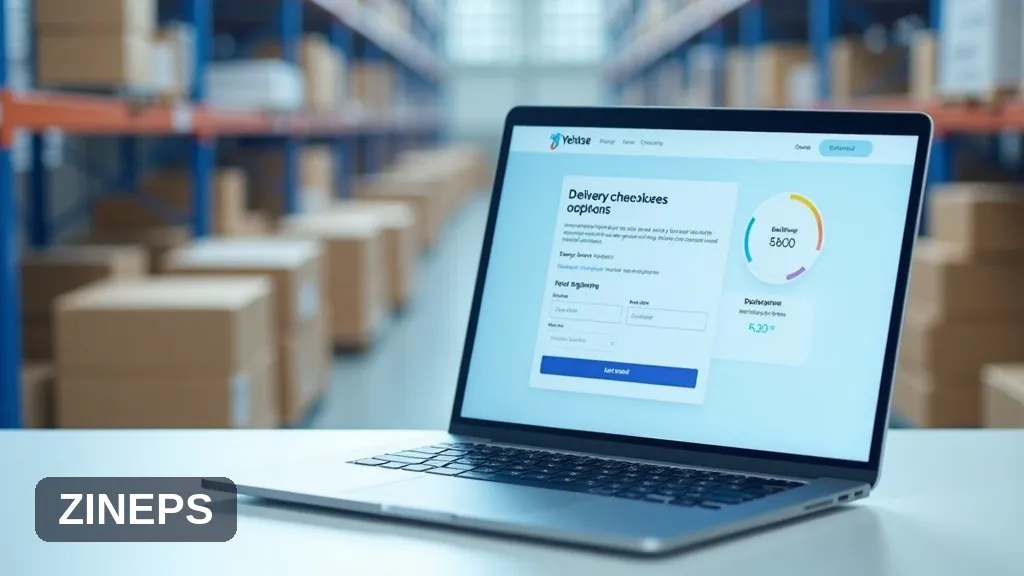 Een laptop met een e-commerce checkoutscherm waarop verzendopties worden geladen, met een vervaagd magazijn met pakketten op de achtergrond, ter illustratie van de verborgen snelheidskosten van realtime tariefberekening per vervoerder