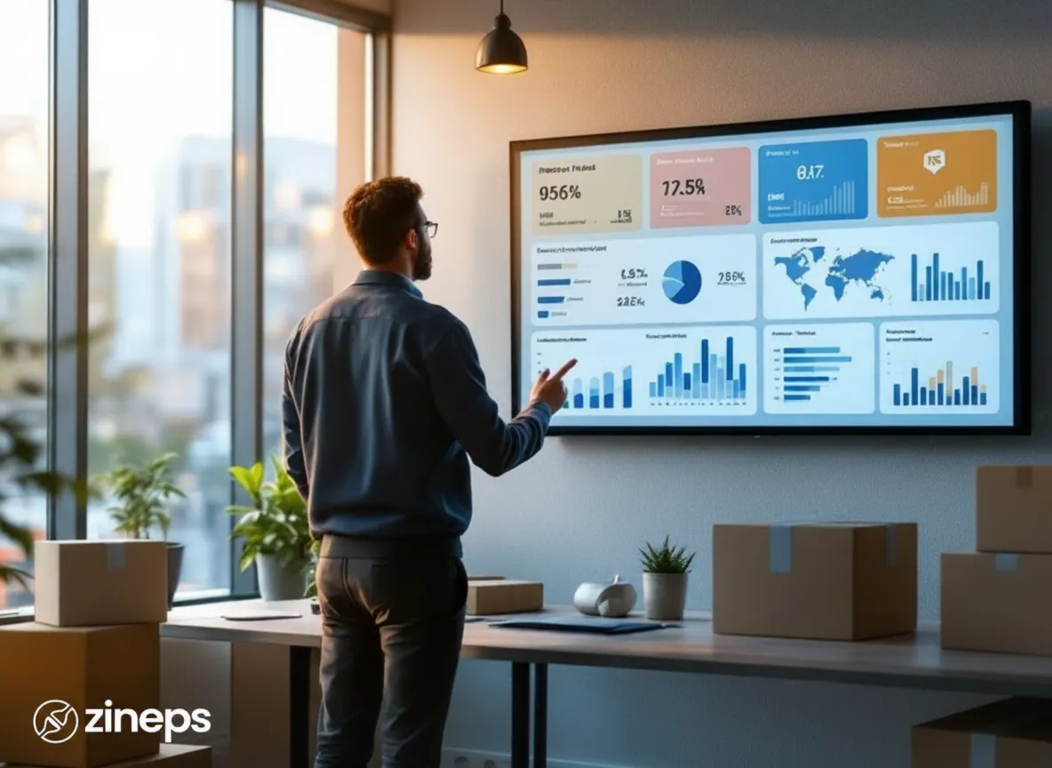 Logistics operations analist bekijkt een controlekamer-dashboard dat losse marketplace retourdatastromen samenbrengt in één overzicht, met de Zineps logo watermerk in de linkerbenedenhoek