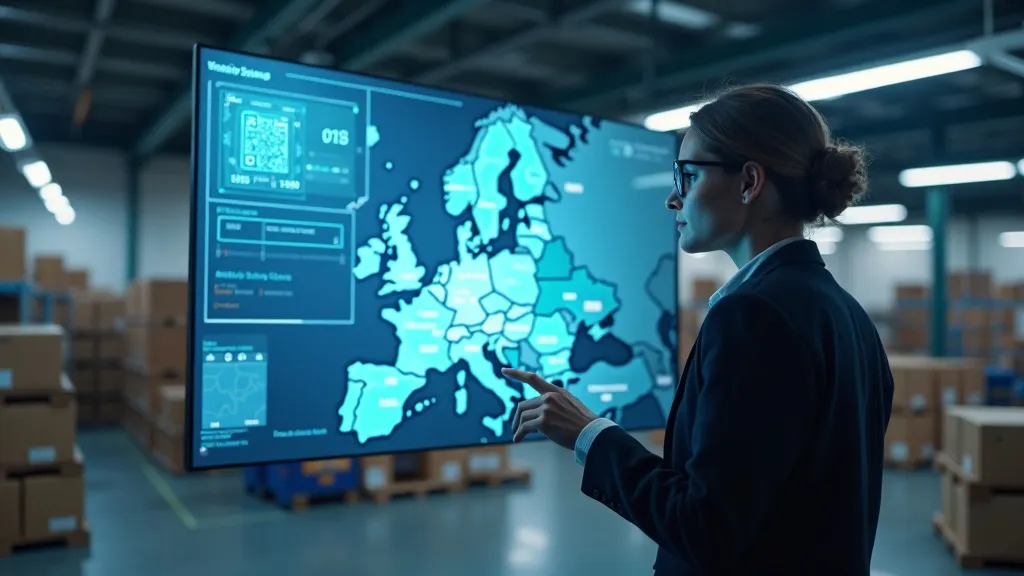Logistics operations manager in een moderne controlekamer die kijkt naar een gloeiend digitaal product paspoort QR-code hologram gekoppeld aan verzendlabels en een kaart van Europa met bezorgroutes, met de Zineps logo watermerk in de linkerbenedenhoek