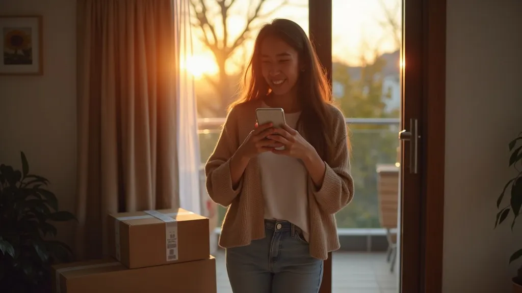 Foto van een opgeluchte klant die bij schemering in haar deuropening een bezorgmelding op haar telefoon bekijkt naast een zojuist bezorgd pakket, met de Zineps logo watermerk in de linkerbenedenhoek