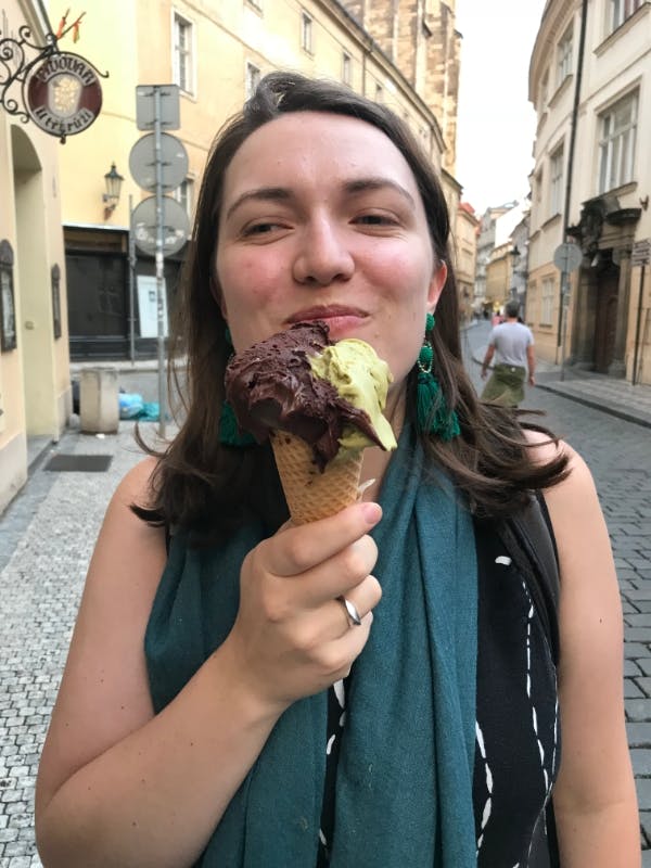 Zoe enjoying a gelato ice cream in Prague, Czech Republic, near the Old Town Square