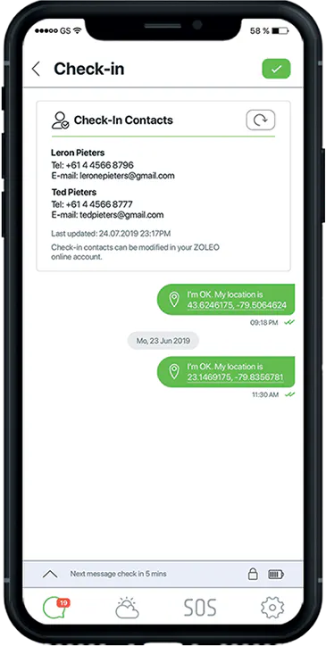 Check In Screen on ZOLEO App