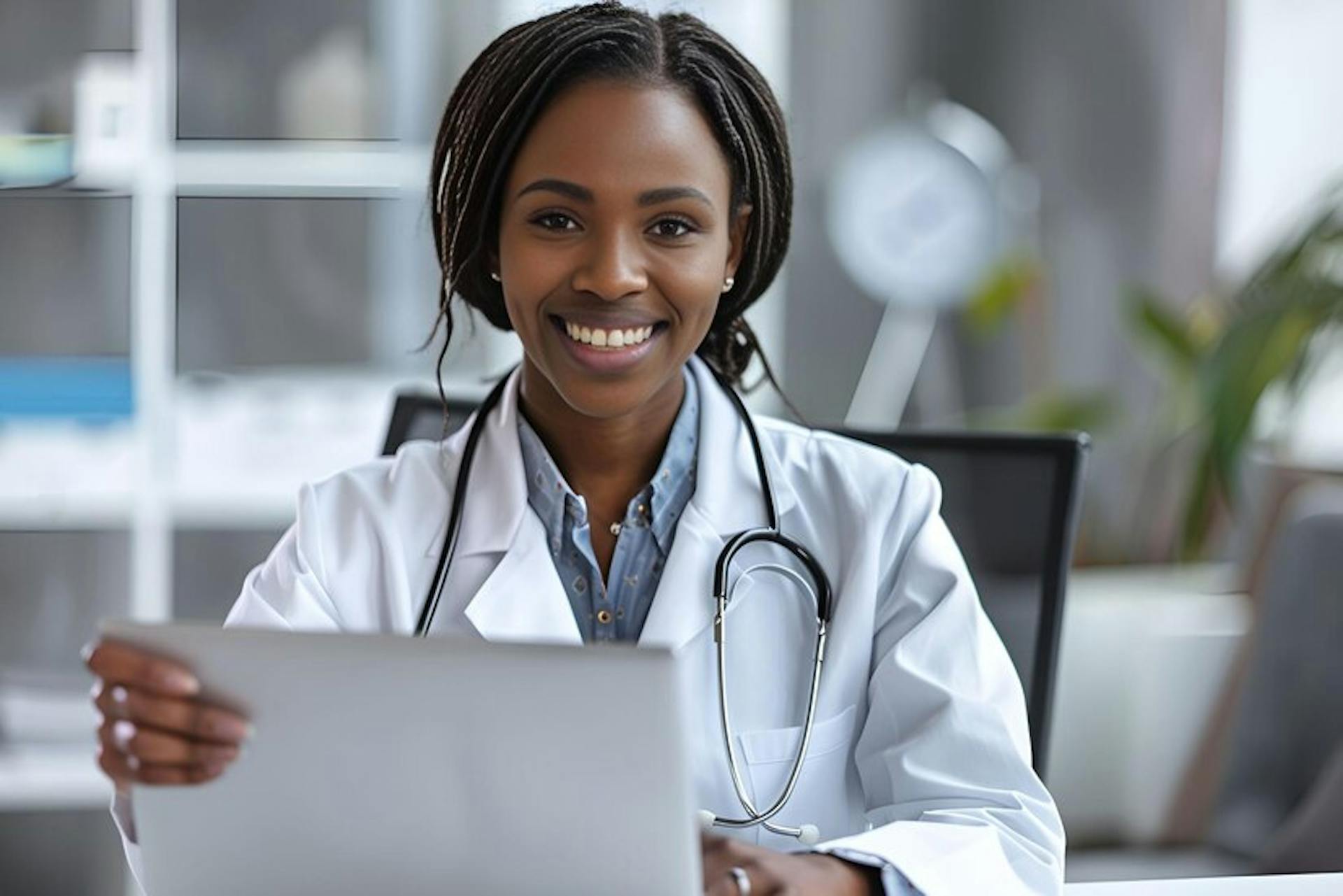 A-female-doctor-in-her-hospital-office using-technology-for-patient-care