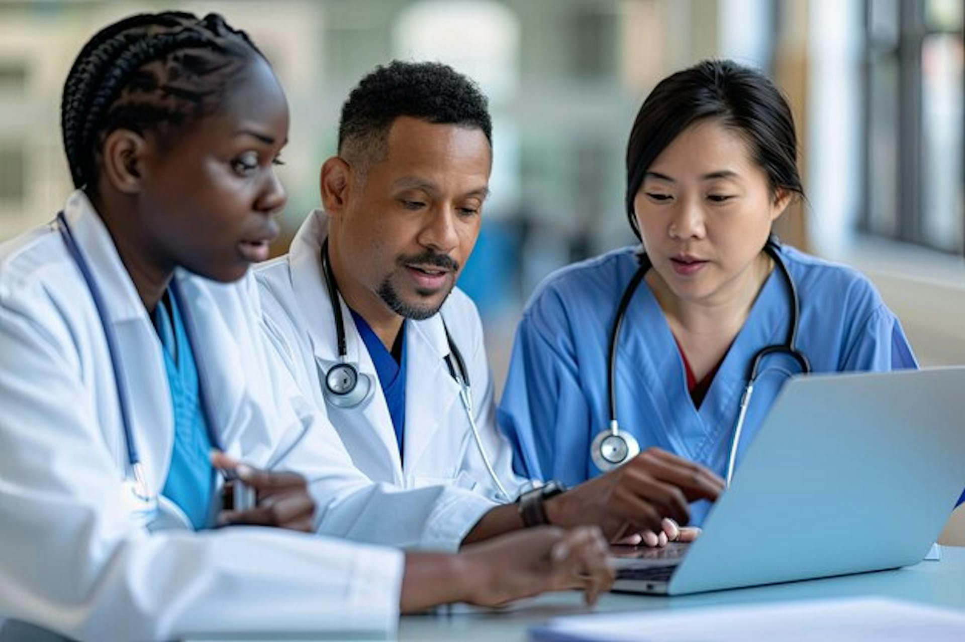 diverse-medical-professionals-engaged-discussion-around-laptop