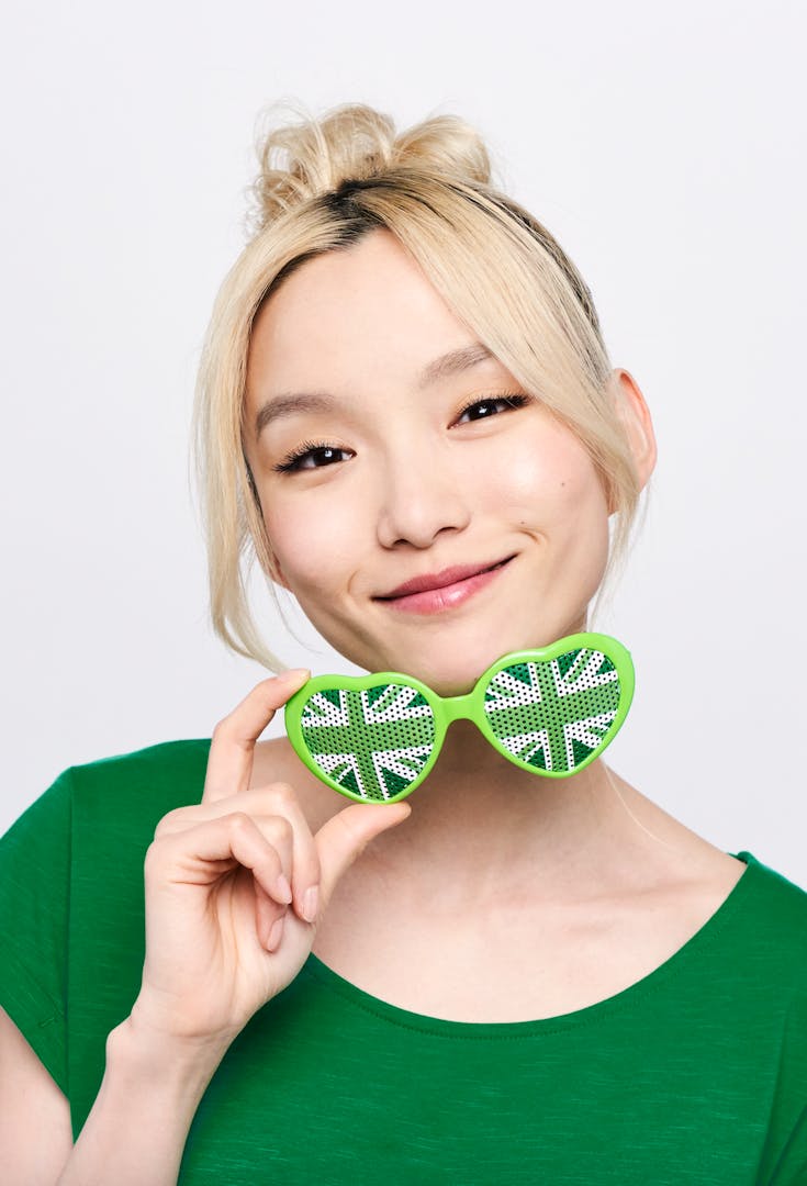 Asian girl with Union Jack flag glasses